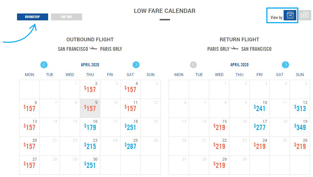low fare calendar roundtrip