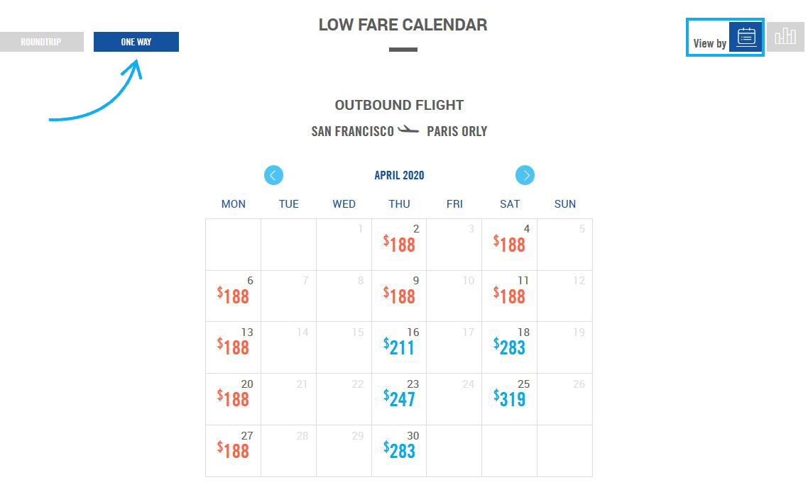 low fare calendar one way